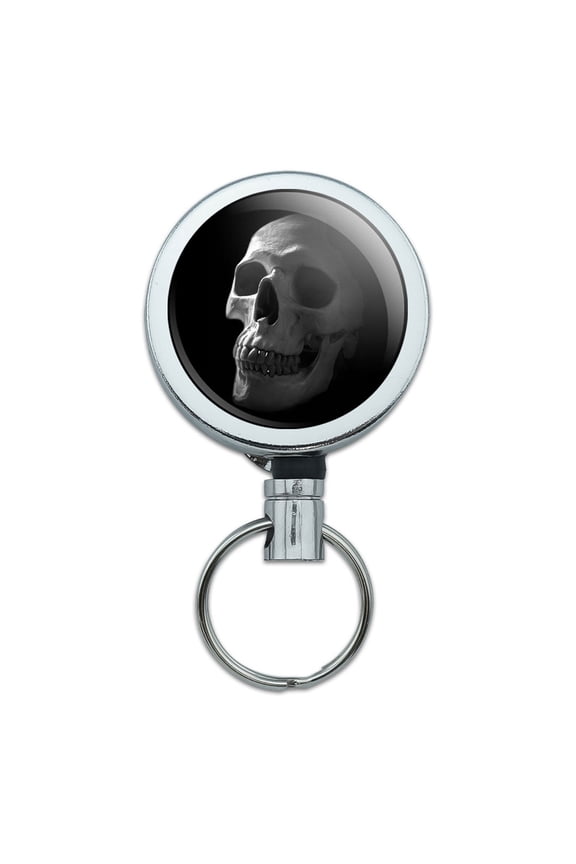Human Skull Skeleton Head Retractable Belt Clip Badge Key Holder