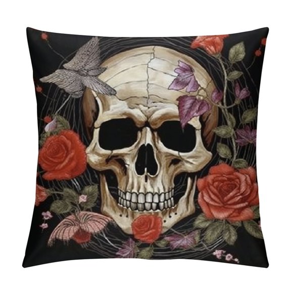 Human Skull Throw Pillow Covers Red Poppies Spider Web Halloween Square Pillow Cases Set  for Decorative Cushion Bed Couch Sofa "