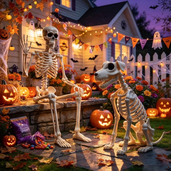 Human and Dog Skeleton Halloween Decoration - Suitable for indoor and outdoor use. Swinging Skull and Dog Friend - 36-inch realistic skull