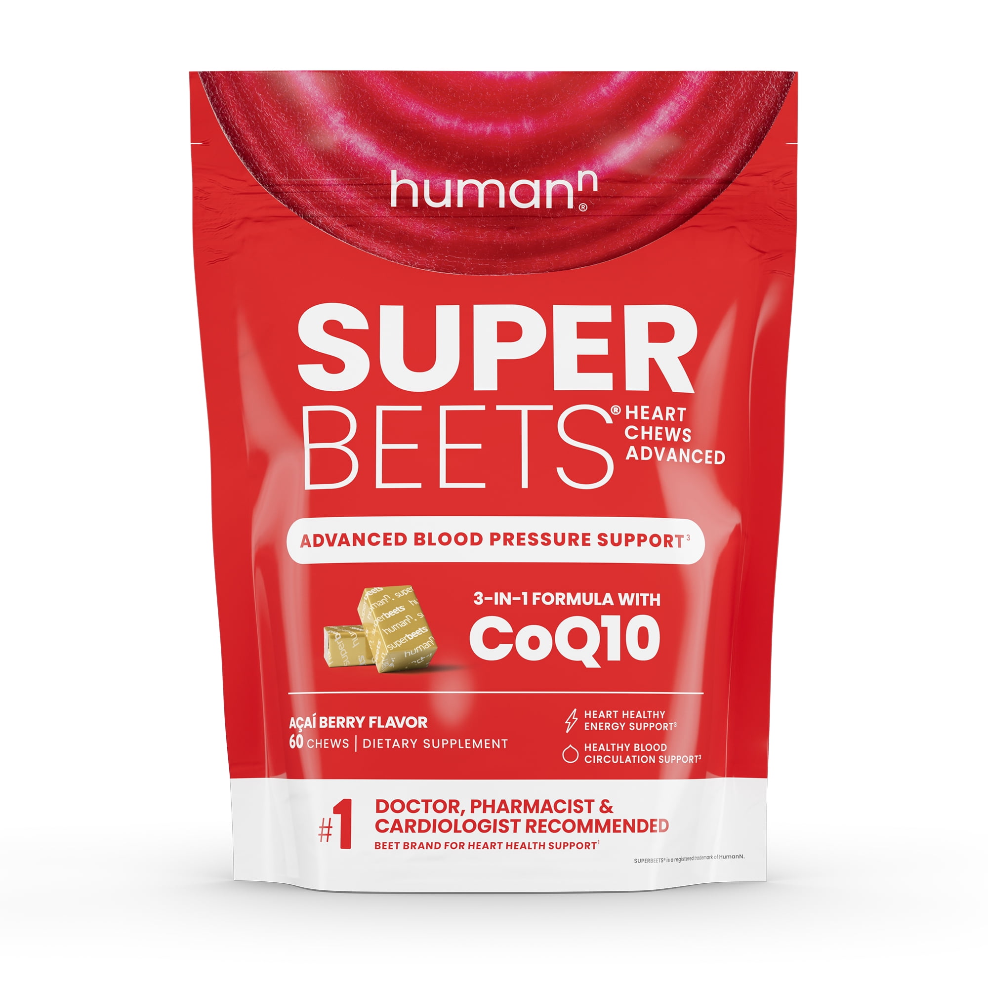 HumanN SuperBeets Heart Chews Advanced - 3-in-1 Formula with Beetroot, Grape Seed Extract, & CoQ10, 60 Count