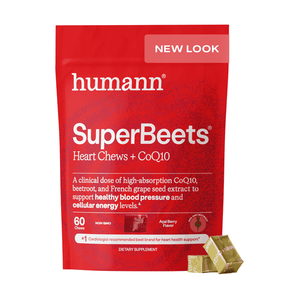 Humann SuperBeets 3-in-1 Heart Chews - 3x Absorption CoQ10 - Plus Beetroot & Grape Seed Extract, Blood Pressure Support, Support Healthy Blood Flow, Circulation, 60 Count