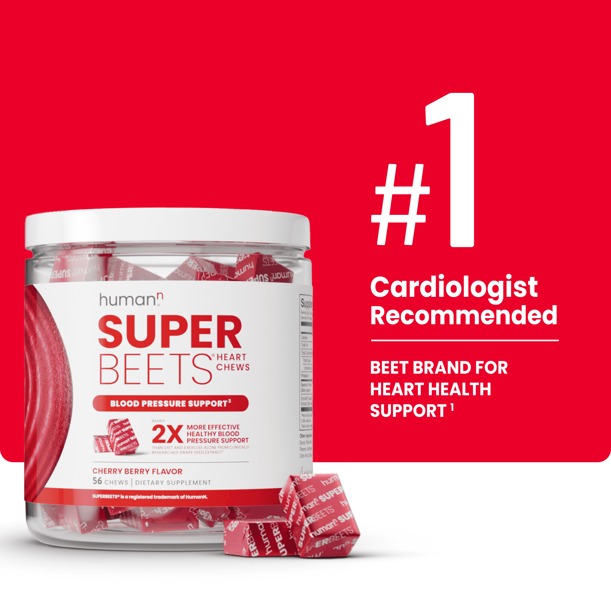 HumanN SuperBeets Heart Chews Blood Pressure Support, Cherry Berry Flavor, 56 Count