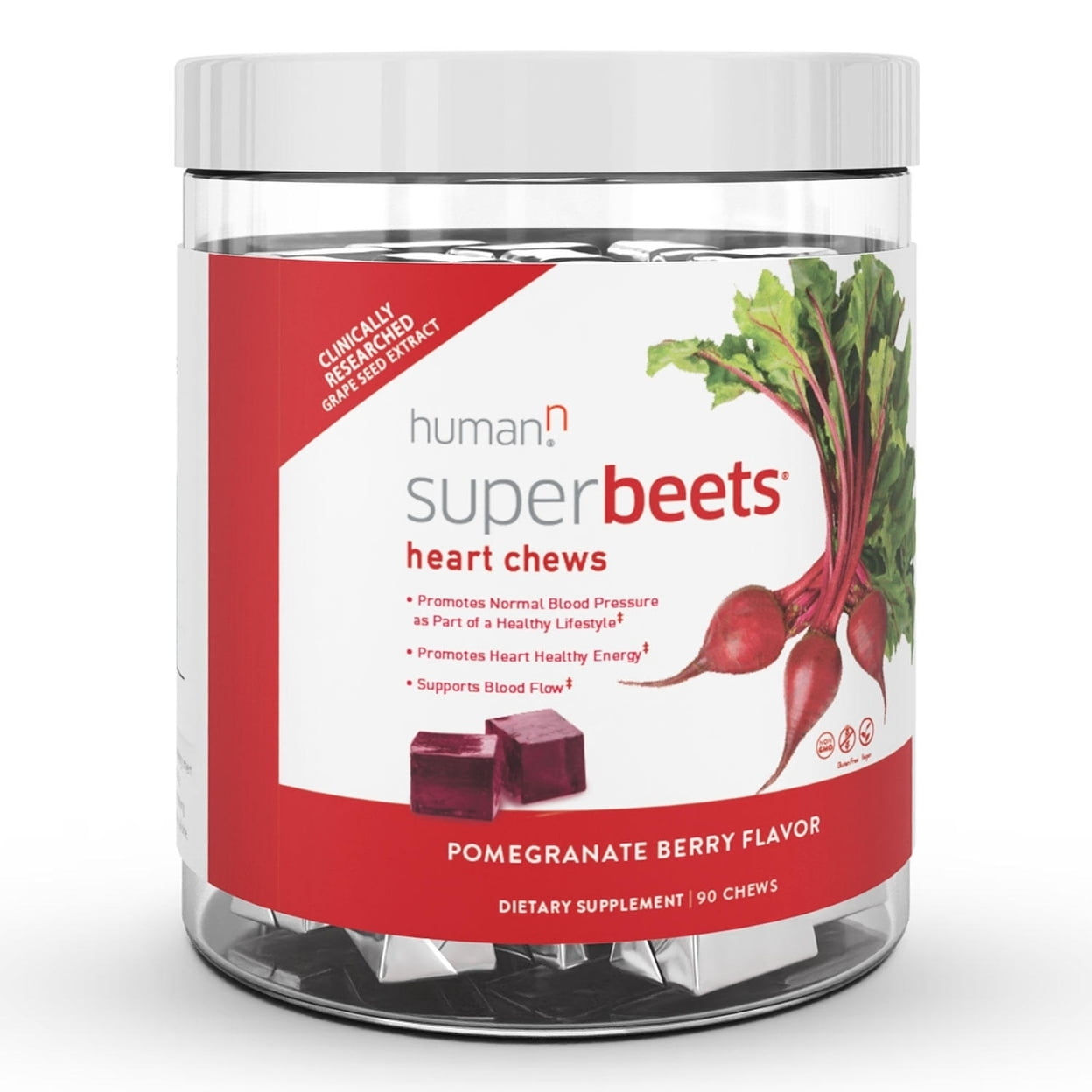 HumanN SuperBeets Veggie Heart Chews, Pomegranate Berry Supplement (90