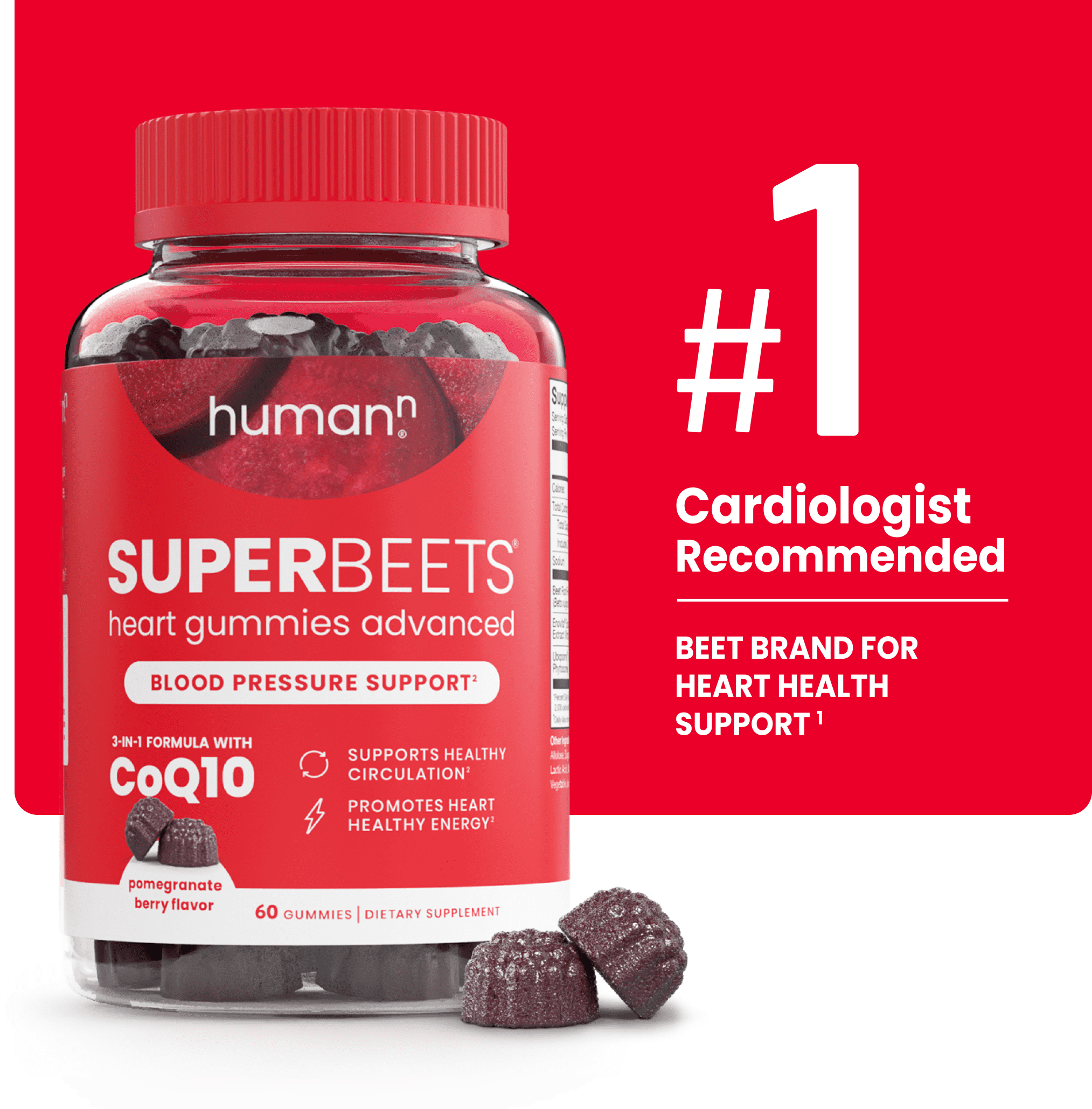 HumanN SuperBeets Heart Gummies Advanced with CoQ10, Pomegranate Berry, 60 Count