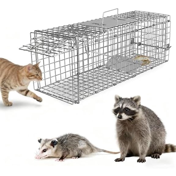 Humane Animal Cage Trap - Collapsible Galvanized Steel Live Cage Trap for Raccoons, Groundhogs & Stray Cats, 24"x8"x7", Indoor/Outdoor Use (Catch & Release)$$Garden & Patio