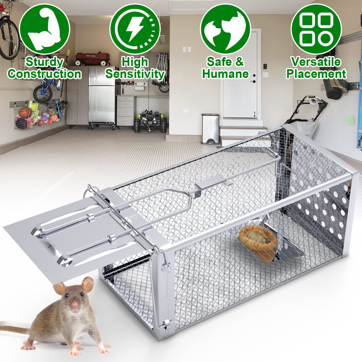 Humane Auto Lock Stainless Steel Rat Trap Cage, High Sensitivity Gravity Pedal One-Way Door Rodent Live Catcher Safe Reusable Mouse Trap For Indoor Outdoor Home Garden Warehouse