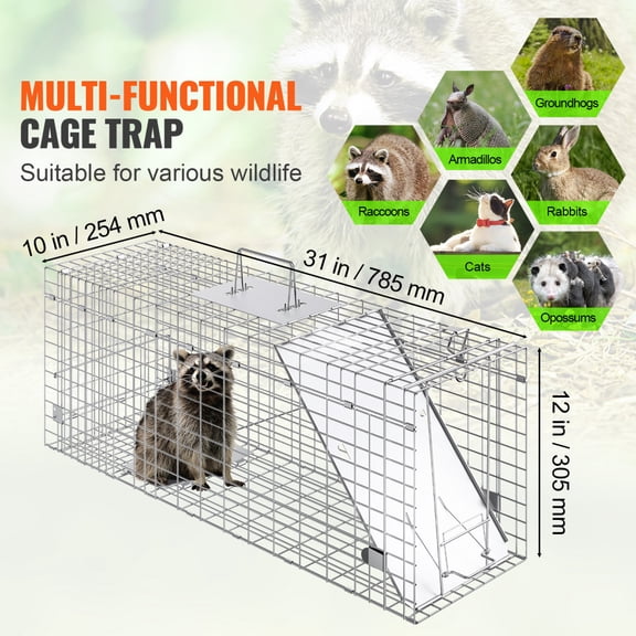 Humane Live Animal Cage Trap 31x10x12in Galvanized Iron Folding Animal Trap with Handle for Stray Cats Rabbits Squirrels Raccoons Silver