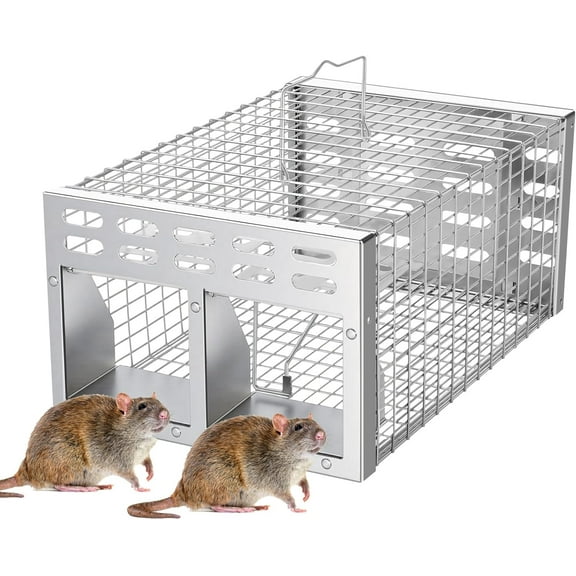 Humane Live Rat Trap & Automatic Reset Mouse Traps with Dual One-Way Door Design@  Catch and Release for Mice, Chipmunks, Hamsters, and Other Rodents, Indoors & Outdoors, Rat Trap (Silver)#!
