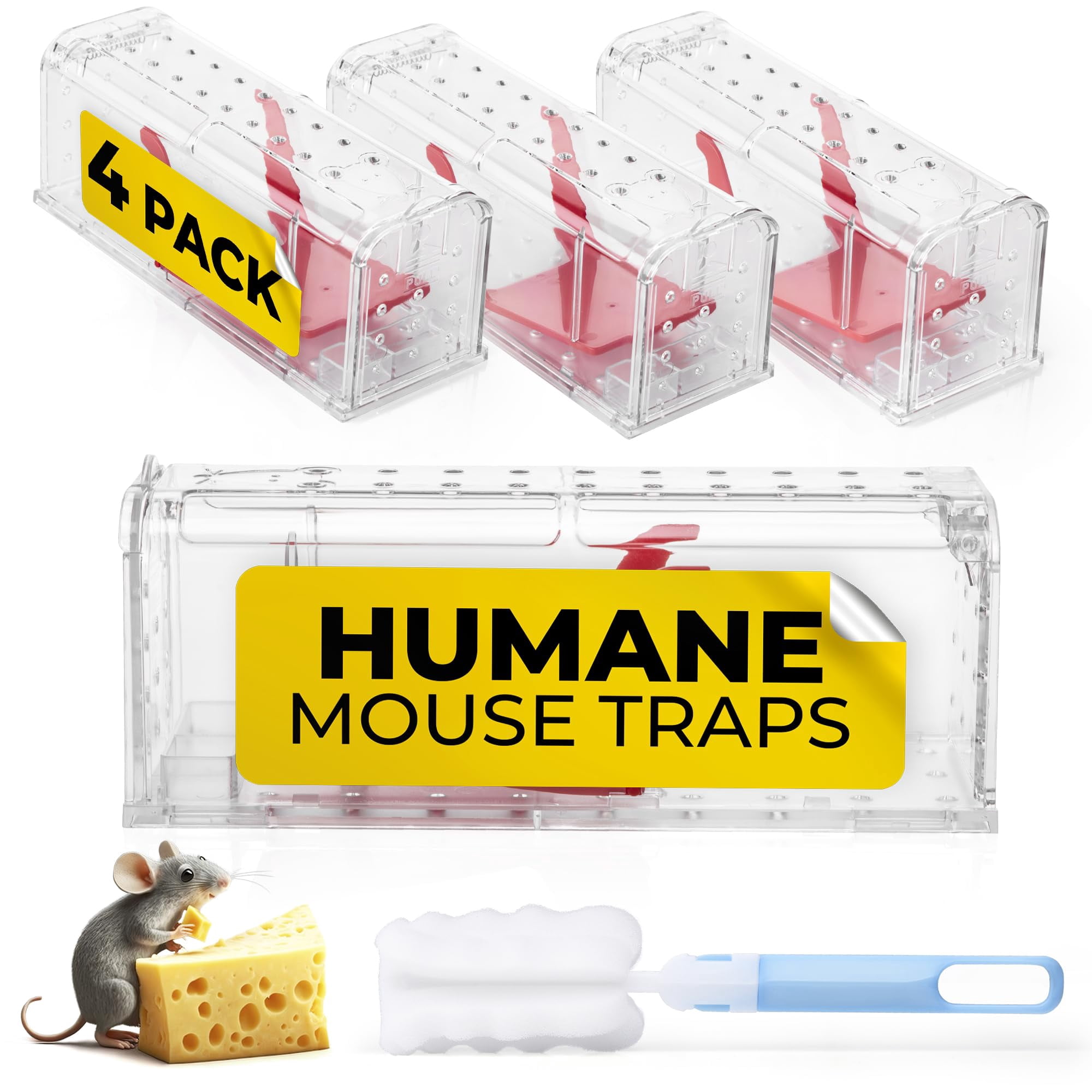 Humane Mouse Pack Of 4 - No Live Traps Indoor For Home Use Reusable Rodent House  Safe & Effective Rat Outdoor Mice Control With Cleaning Brush