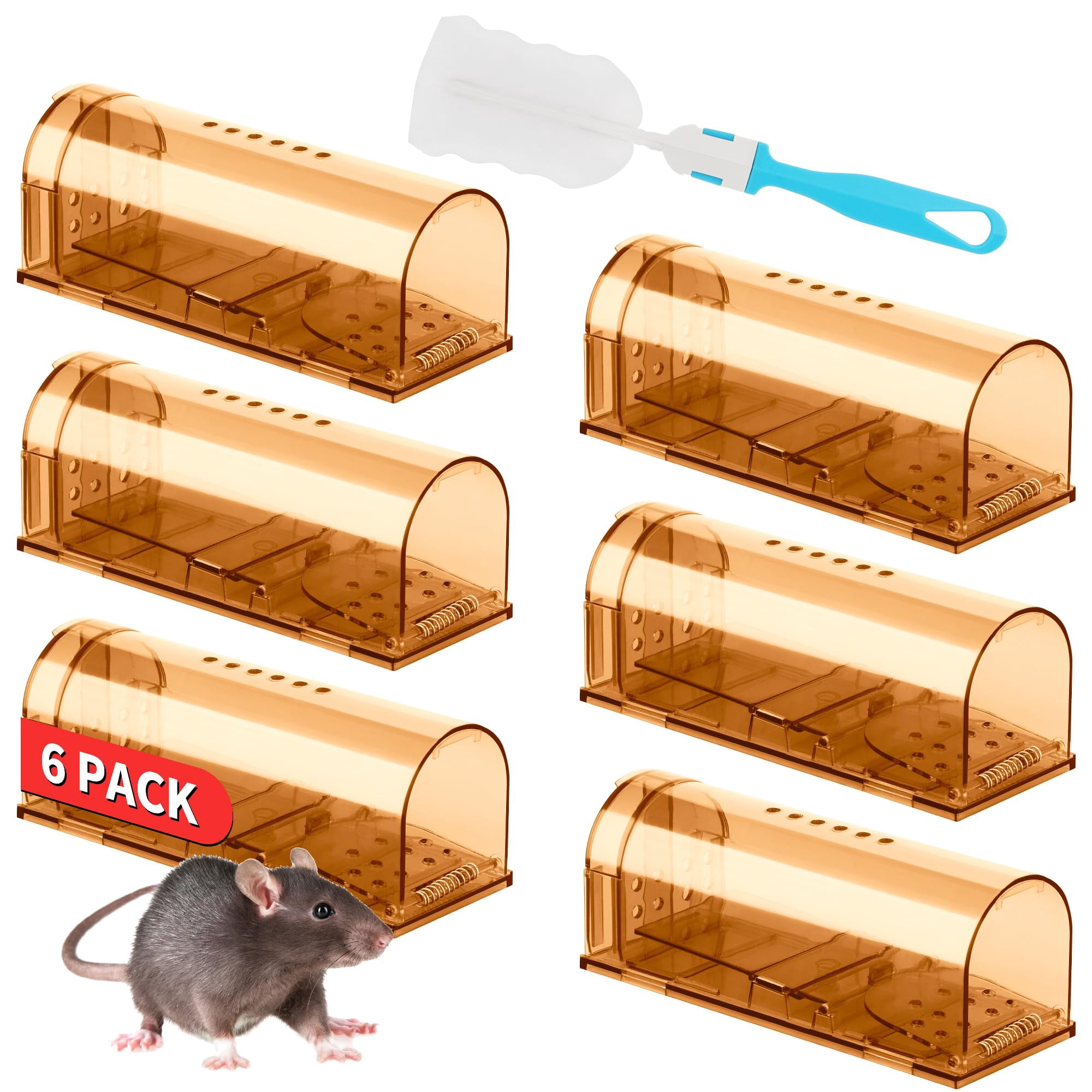 Humane Mouse Traps 6 Pack  No Touch Catch And Release Live Rodent Reusable With Cleaning Brush Pet Safe Indoor Outdoor Control For Mice Rats Chipmunks Voles Brown