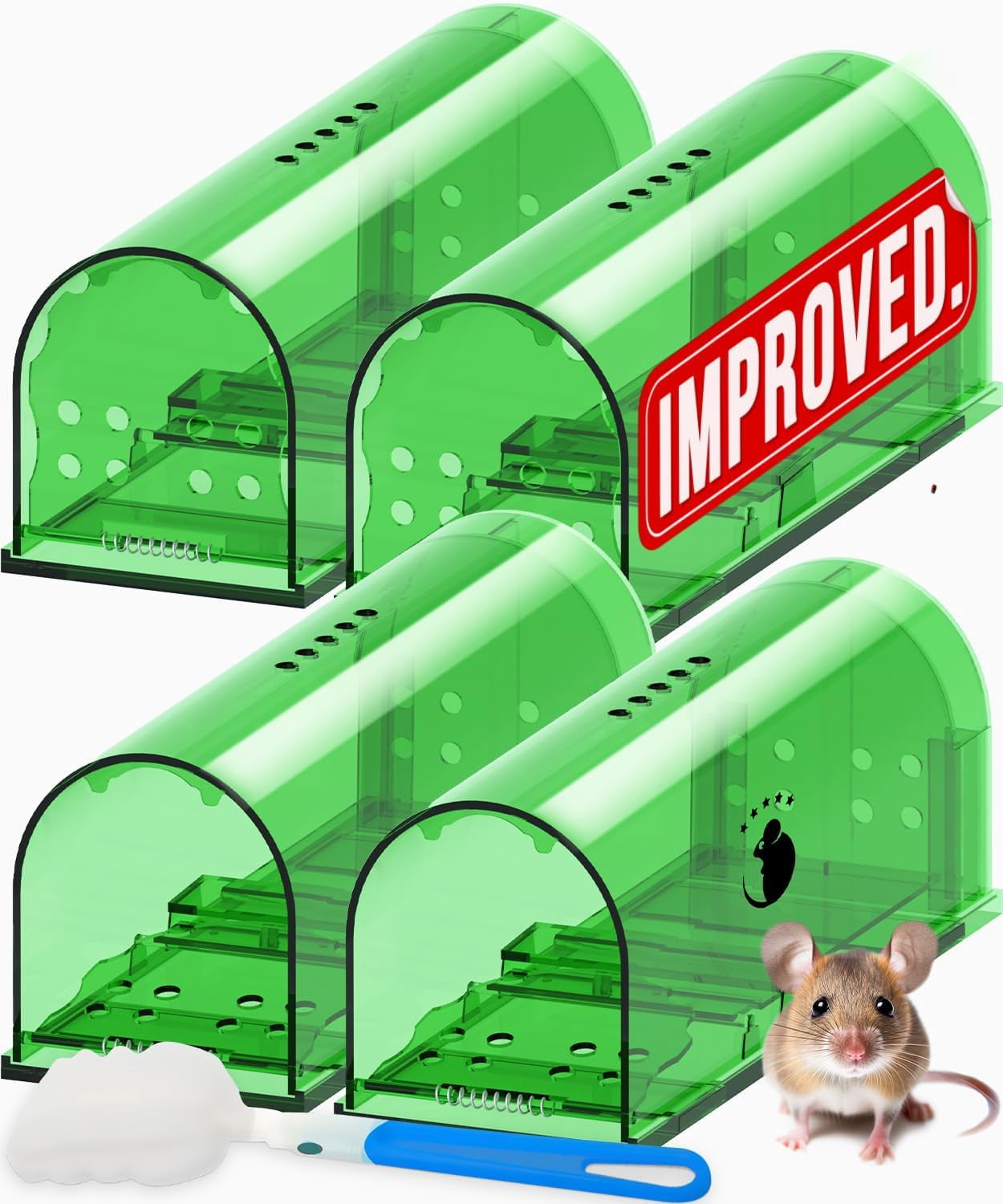 Humane Traps No Kill Live Catch and Release 4 Pack - Reusable, Easy to Use & Clean, Touch Release, Sensitive Includes Cleaning Brush, Instruction Manual Video Mousetrap Indoor