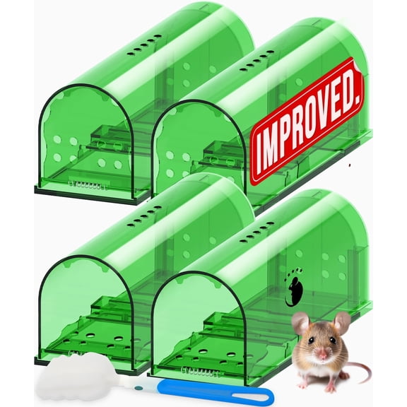 Humane Traps No Kill Live Catch and Release 4 Pack - Reusable, Easy to Use & Clean, Touch Release, Sensitive Includes Cleaning Brush, Instruction Manual Video Mousetrap Indoor
