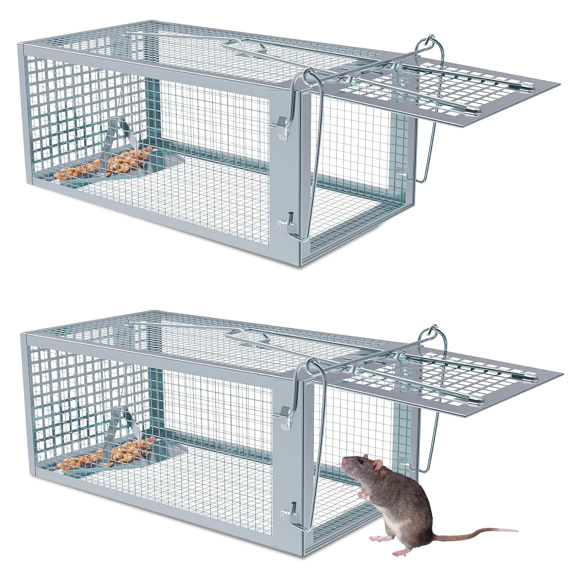 Humane Rat Traps 2-pack  No Small Animal Cage Live Mouse Catch And Release Trampa Para Ratones Chipmunk Rodent That Work For Indoor Outdoor - 10.6" L X 5.5" W 4.7" H
