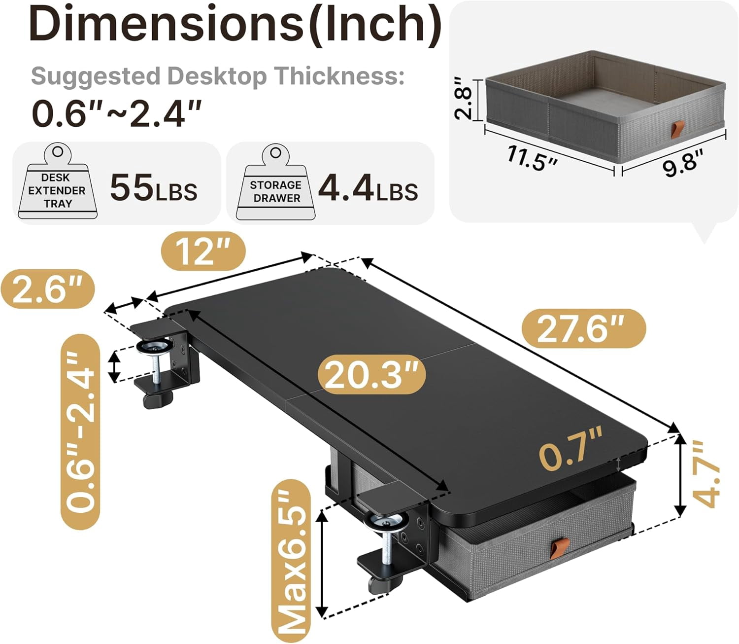 Humanmotion Desk Extender Tray 28x12 Inch with Storage Drawer - Clamp On Desk Shelf for Office Home Workstation Organizer, Heavy Duty Keyboard Tray Arm Rest, Large Black