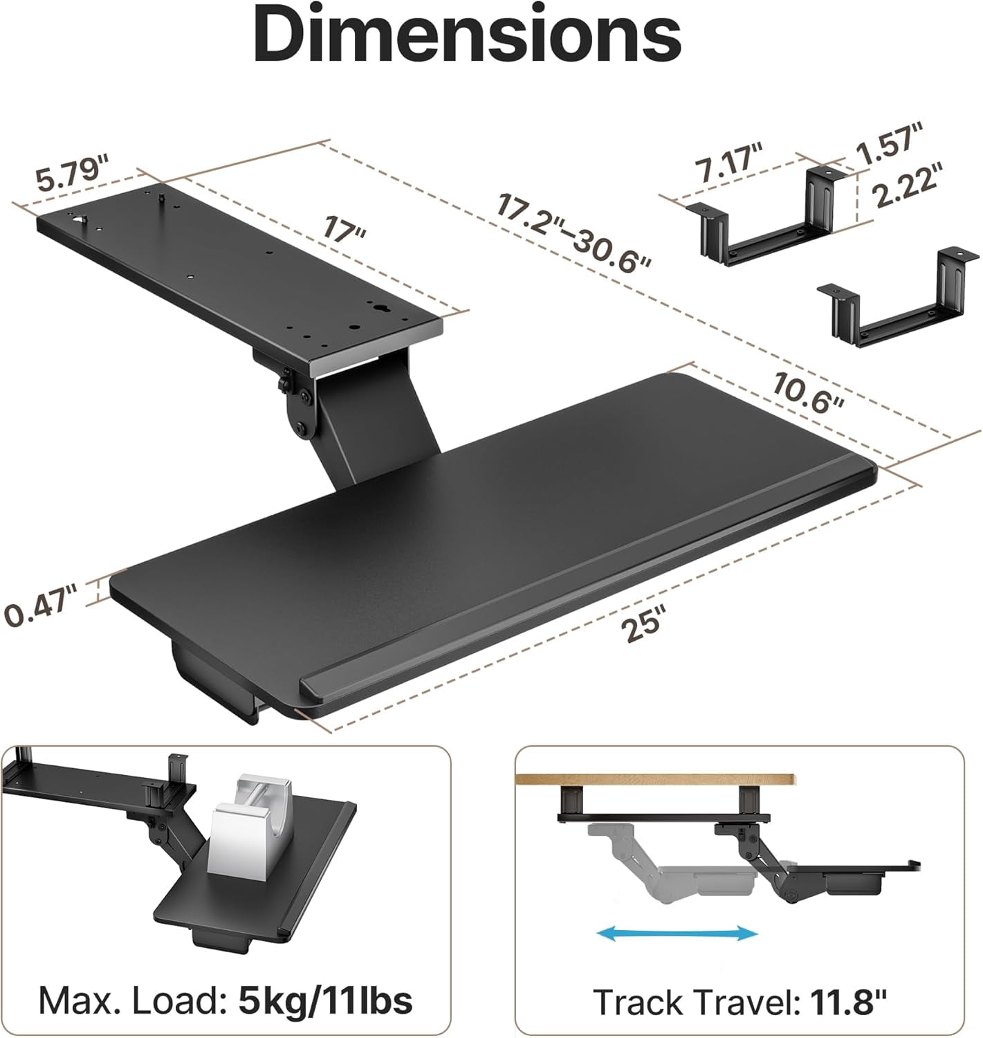 Humanmotion Keyboard Tray Under Desk with Storage Drawer, Height Adjustable Slide Out Swivel Tilt Ergonomic Mount Holder for Gaming Home Office, 25x11 Inches, Black