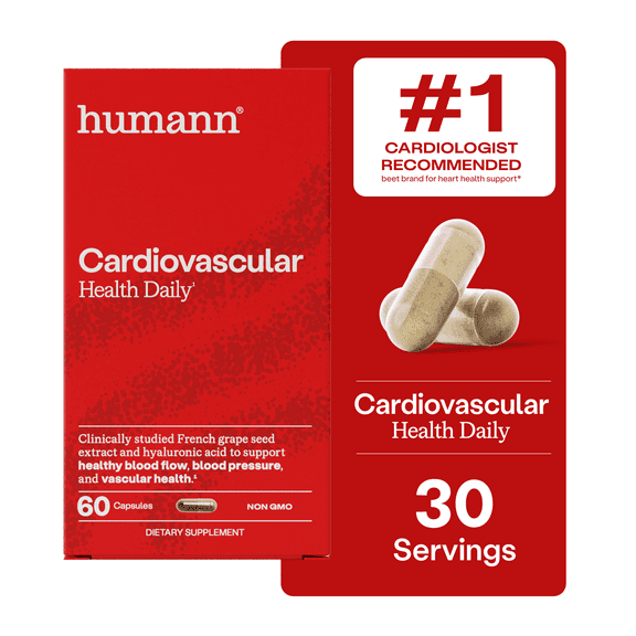 Humann Cardiovascular Health Daily, 4-in-1 Vascular & Blood Pressure Support, Grape Seed Extract & Hyaluronic Acid Circulation Supplement, Plant-Based Non-GMO, 60 Capsules