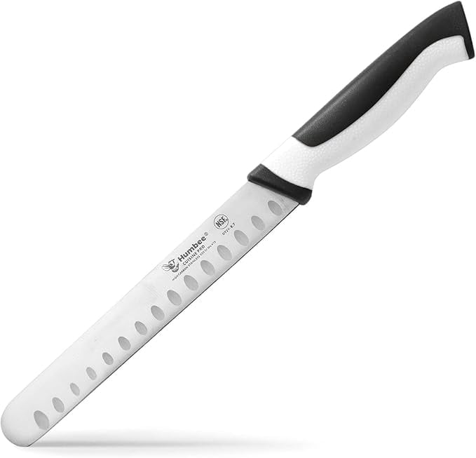 Humbee Chef Carving Knife 8-Inch with Granton Edge for Turkey Ham Meat Slicing and cutting NSF Certified DT-21 Series, White