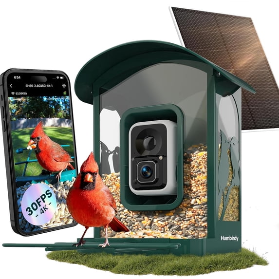 Humbirdy-Bird Feeder with Camera, 8MP Ultra HD Video & Photo, Slow-Motion, 2.7in Focus, 4K Live View, AI Identification, 2.4G/5G Wi-Fi, Solar Powered, No Subscription, Wildbird Watching Gifts-Metal