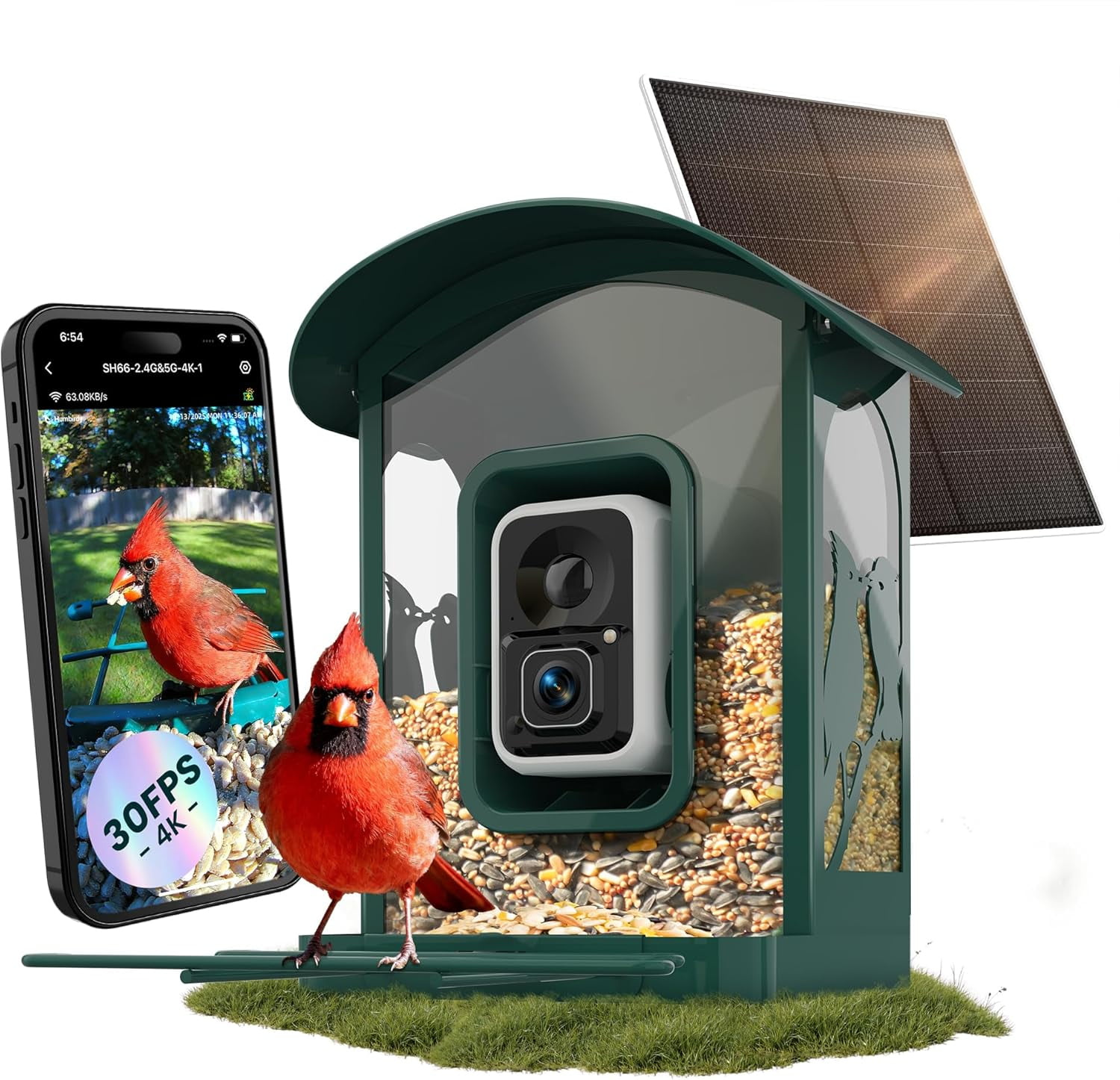 Humbirdy-Bird Feeder with Camera, 8MP Ultra HD Video & Photo, Slow-Motion, 2.7in Focus, 4K Live View, AI Identification, 2.4G/5G Wi-Fi, Solar Powered, No Subscription, Wildbird Watching Gifts-Metal