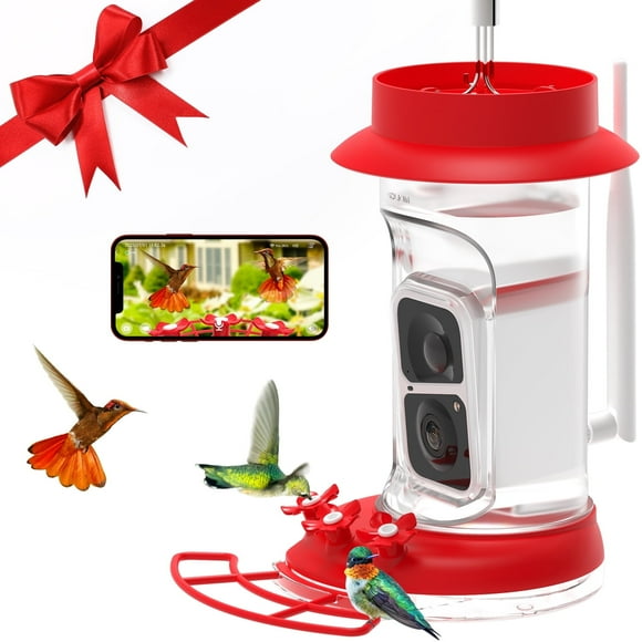 Humbirdy Hummingbird Feeder Camera with Ant Moat, Bee Proof, Leak Proof, AI Identify Bird Species, Humming Bird Watching Camera with 3 Feeding Ports- Red