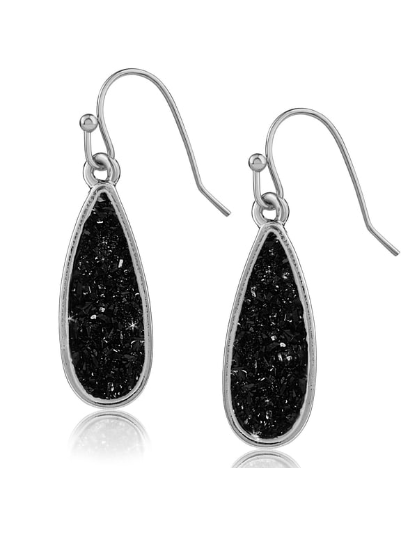 Black Druzy Dangle Earrings for Women - Boho Silver Teardrop Dangles