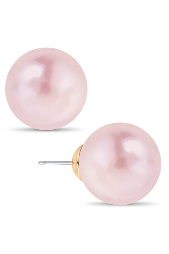 Classic Simulated Pearl Studs - Lustrous Round Post Earrings, 14mm Pink