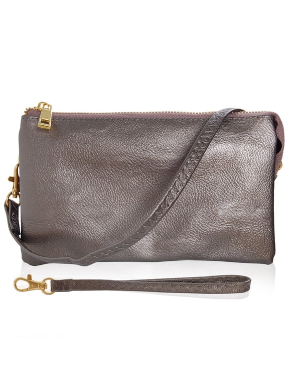 Clutch Purse Wristlets for Women - Dark Silver Metalic Crossbody Handbag