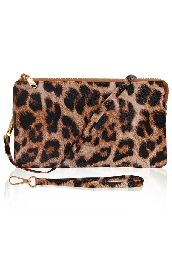 Crossbody Wristlets for Women - Leopard Vegan Leather Wristlet Clutch Purse