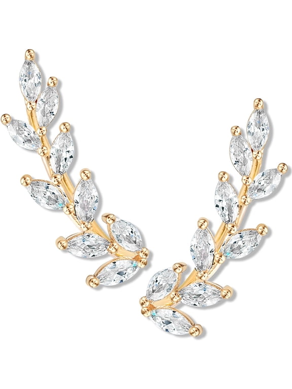 CZ Ear Climber Earrings for Women, 14K Gold Plated Dainty Leaf Crawler Cuff