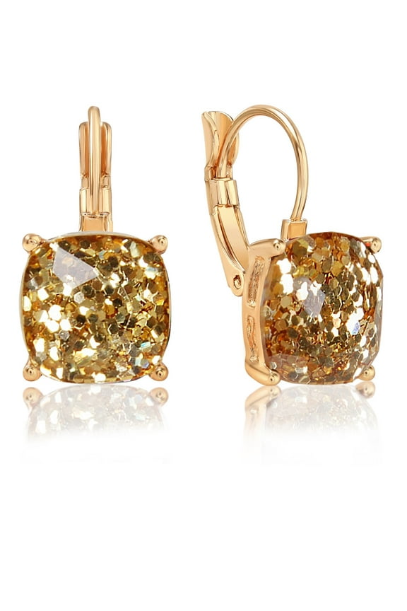 Gold Square Earrings for Women - Sparkly Glitter Leverback Dangles