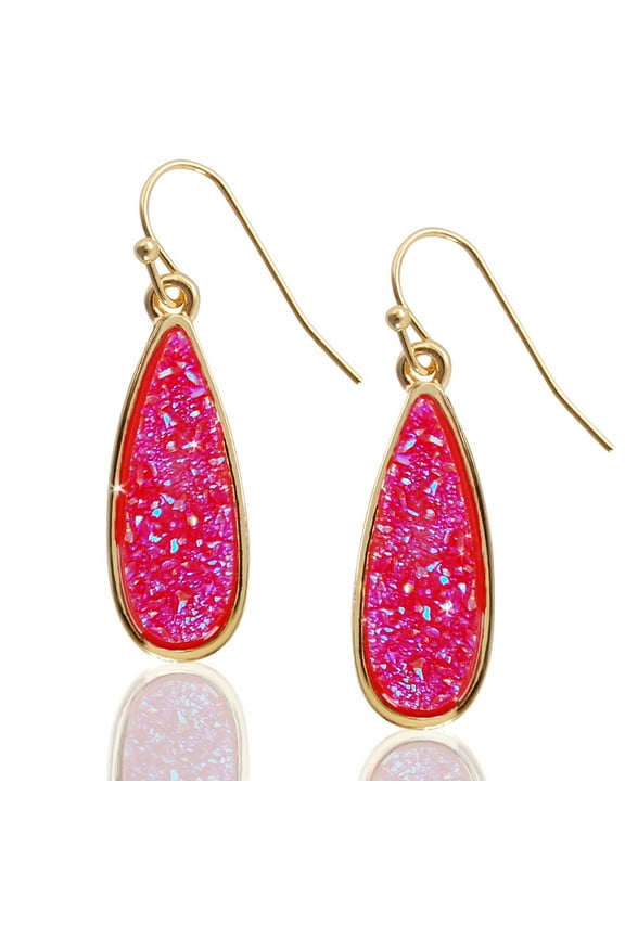 Hot Pink Druzy Drop Dangles - Sparkly Long Teardrop Dangly Earrings for Women
