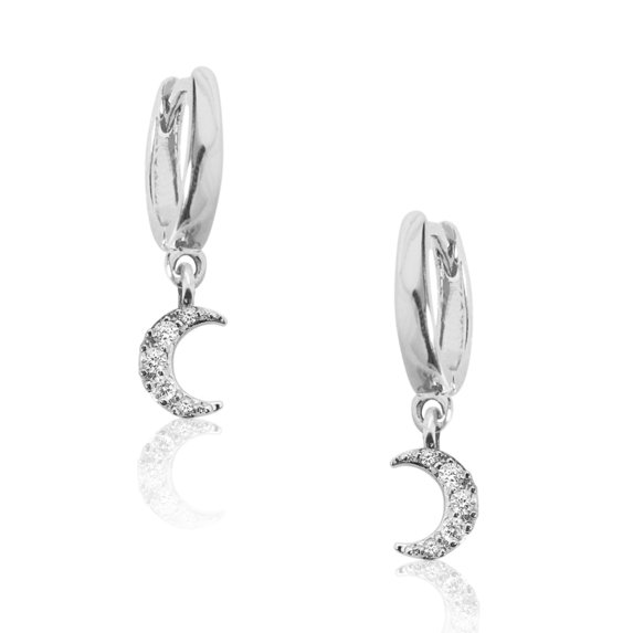 Humble Chic Huggie Hoop Earrings - Pave Charm Dangle Cuff Mini Drops, Silver-Tone Moon