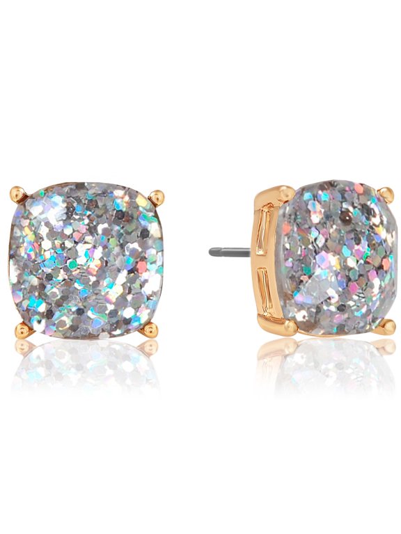 Large Stud Earrings for Women, Sparkly Silver Tone Glitter Big Square Studs