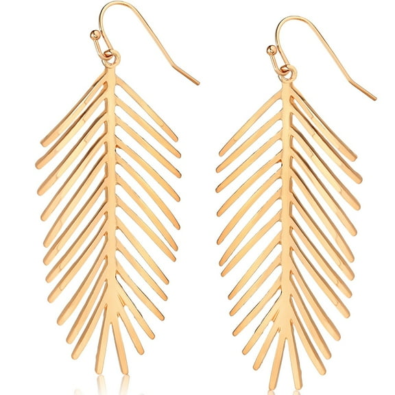 Humble Chic Palm Leaf Dangle Earrings - Long Boho Dangles, Gold - 3 inch