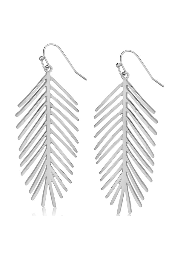 Palm Leaf Dangle Earrings - Long Boho Dangles, Silver - 3 inch