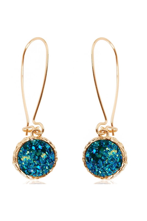 Peacock Blue Druzy Threaders - Boho Glitter Long Drop Earrings for Women