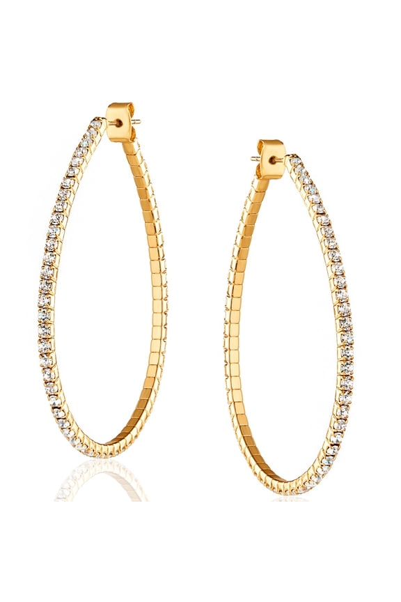 Rhinestone Hoop Earrings For Women - Gold CZ Teardrop Hoops - 2 inch