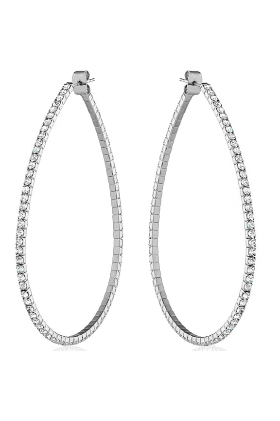 Rhinestone Hoop Earrings For Women - Silver CZ Teardrop Hoops - 2.6 inch