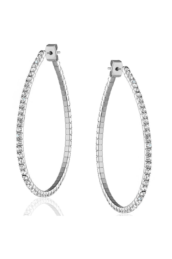 Rhinestone Hoop Earrings For Women - Silver CZ Teardrop Hoops - 2 inch