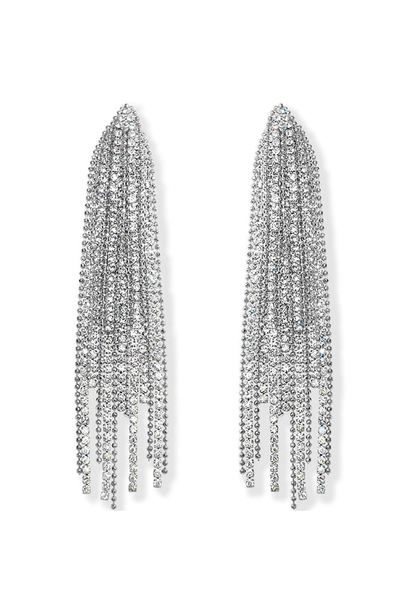 Silver CZ Diamond Earrings - Oversized Tassel Statement Chandelier Studs