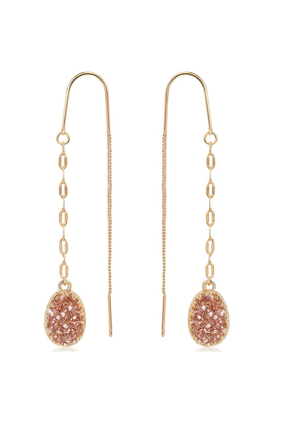 Rose Gold Druzy Dangle Earrings for Women - Boho Long Threaders