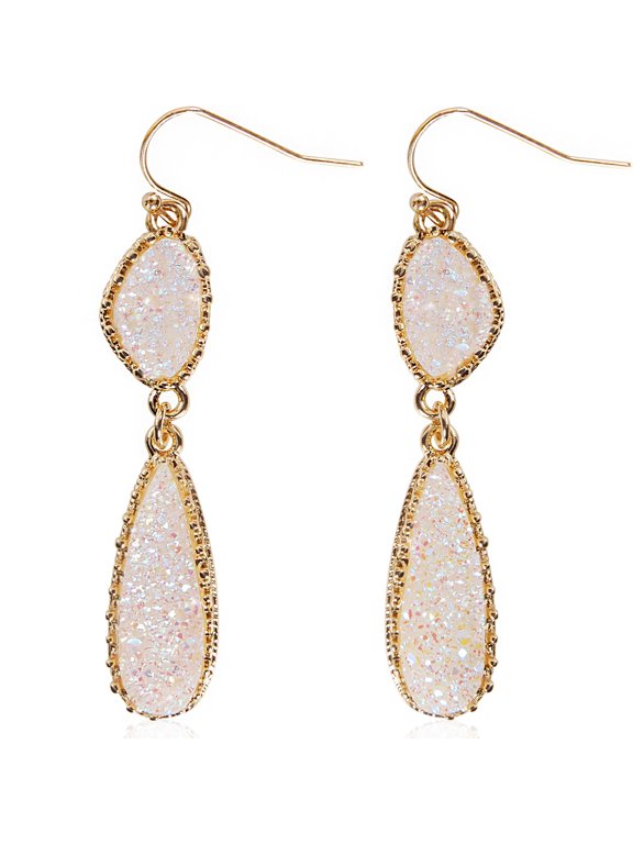 White Opal Druzy Drop Dangles - Long Double Teardrop Earrings for Women