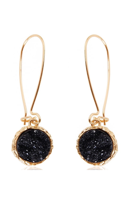 Black Druzy Threaders - Boho Glitter Long Hoop Drop Earrings for Women