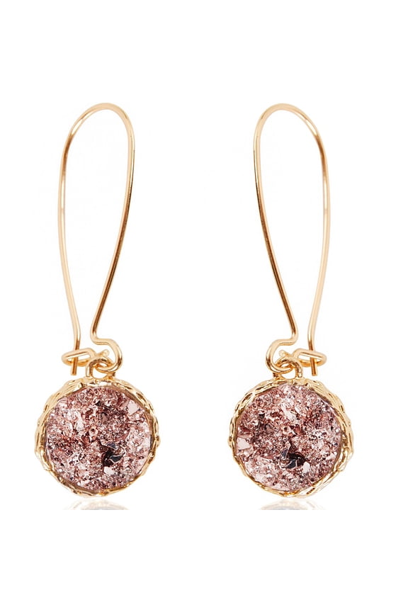 Rose Gold Tone Dangle Earrings for Women - Pink Faux Druzy Drop