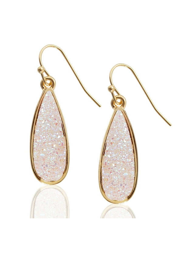 White Opal Druzy Drop Dangles - Sparkly Long Teardrop Dangly Earrings for Women