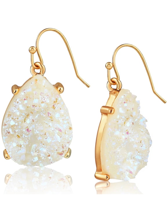 White Opal Druzy Earrings for Women Dangle - Boho Sparkly Teardrop Earrings