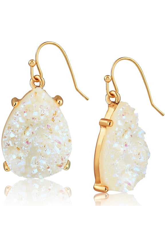 White Opal Druzy Earrings for Women Dangle - Boho Sparkly Teardrop Earrings