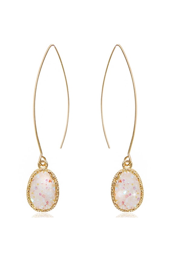 White Opal Druzy Earrings for Women Dangle - Long Boho Threaders