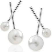 HUMBLE CHIC X-Shape Double Simulated Pearl Stud Earrings for Women, Silver