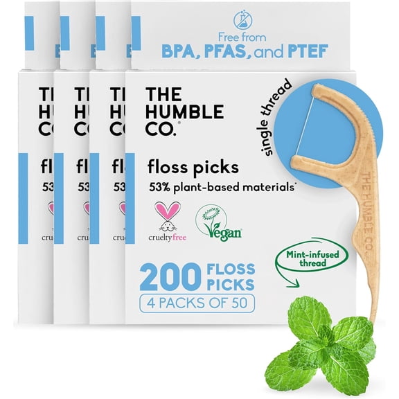 The Humble Co Dental Floss Picks for Teeth, 200 Count (Mint) - Single Thread Tooth Picks Flossers for Adults Gum Health - Plant-Based Toothpick Floss for Interdental Oral Care & Hygiene